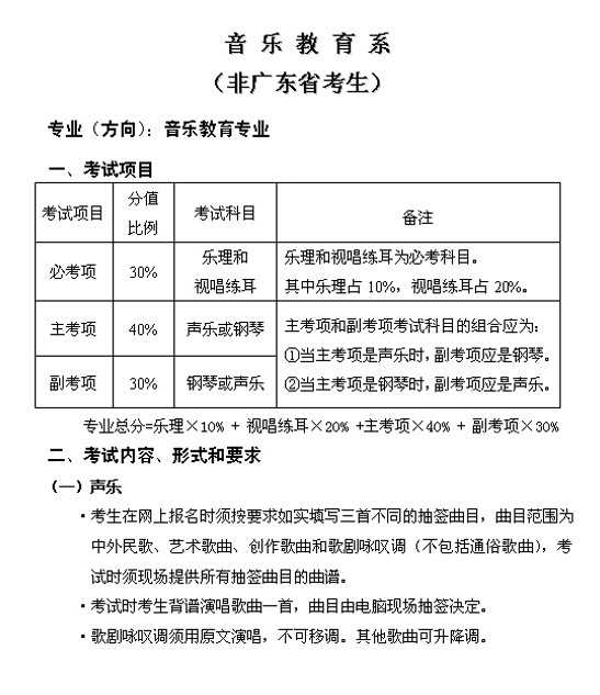 星海音乐学院2017年音乐教育系考试内容